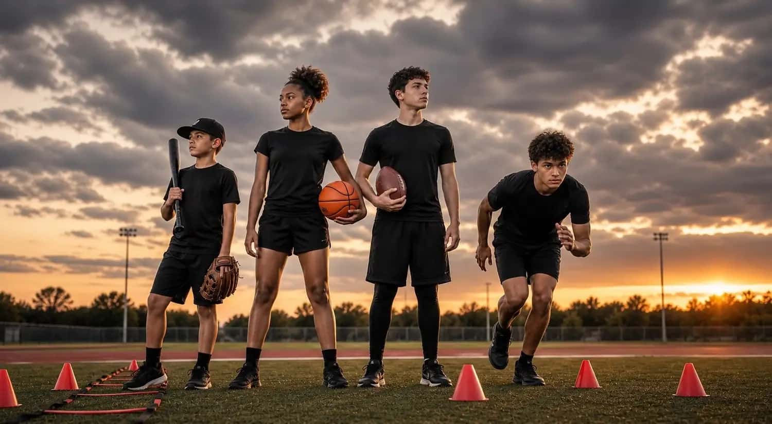 Four youth and teen athletes on an outdoor training field