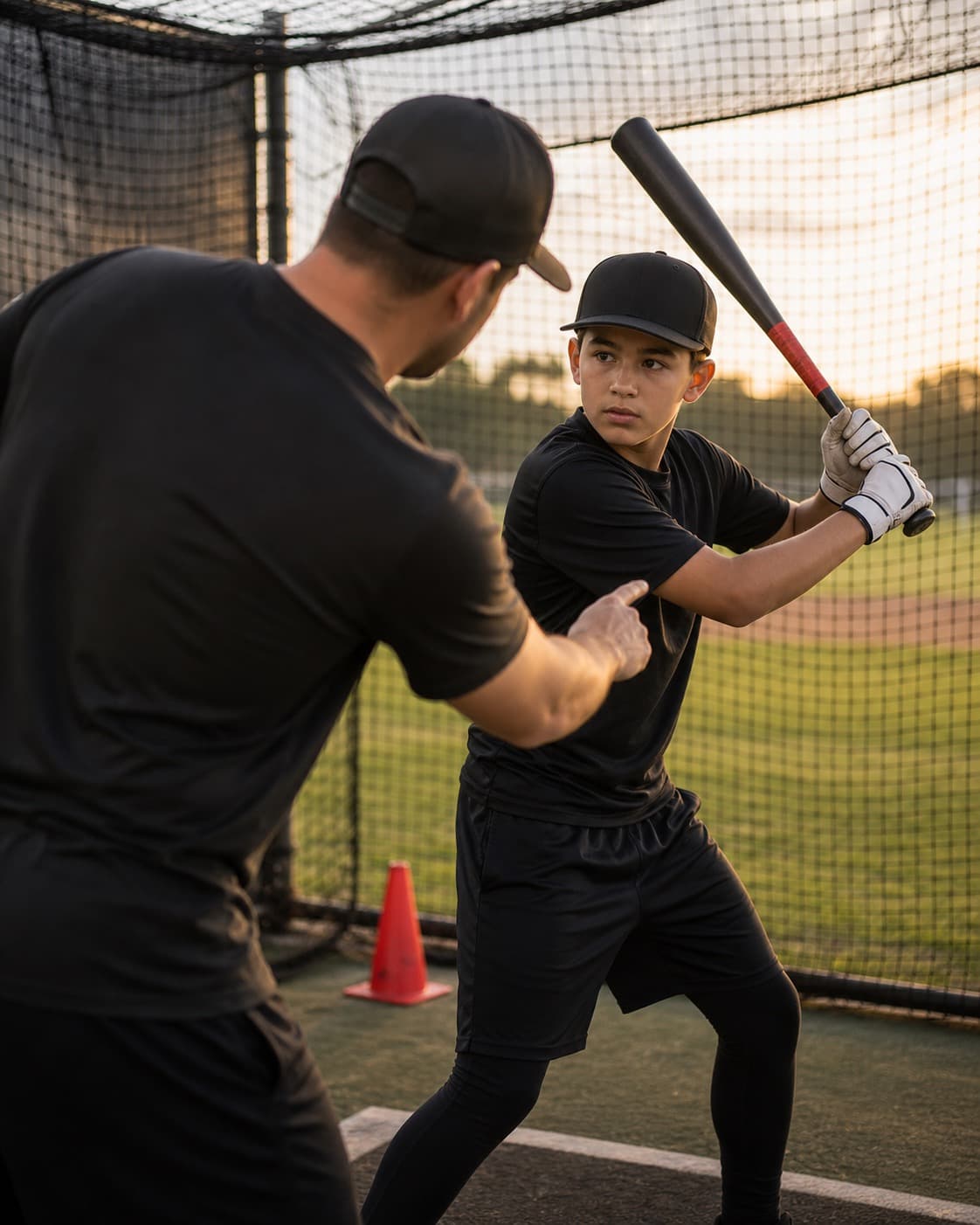 Coach giving batting instructions to a youth baseball player in a cage