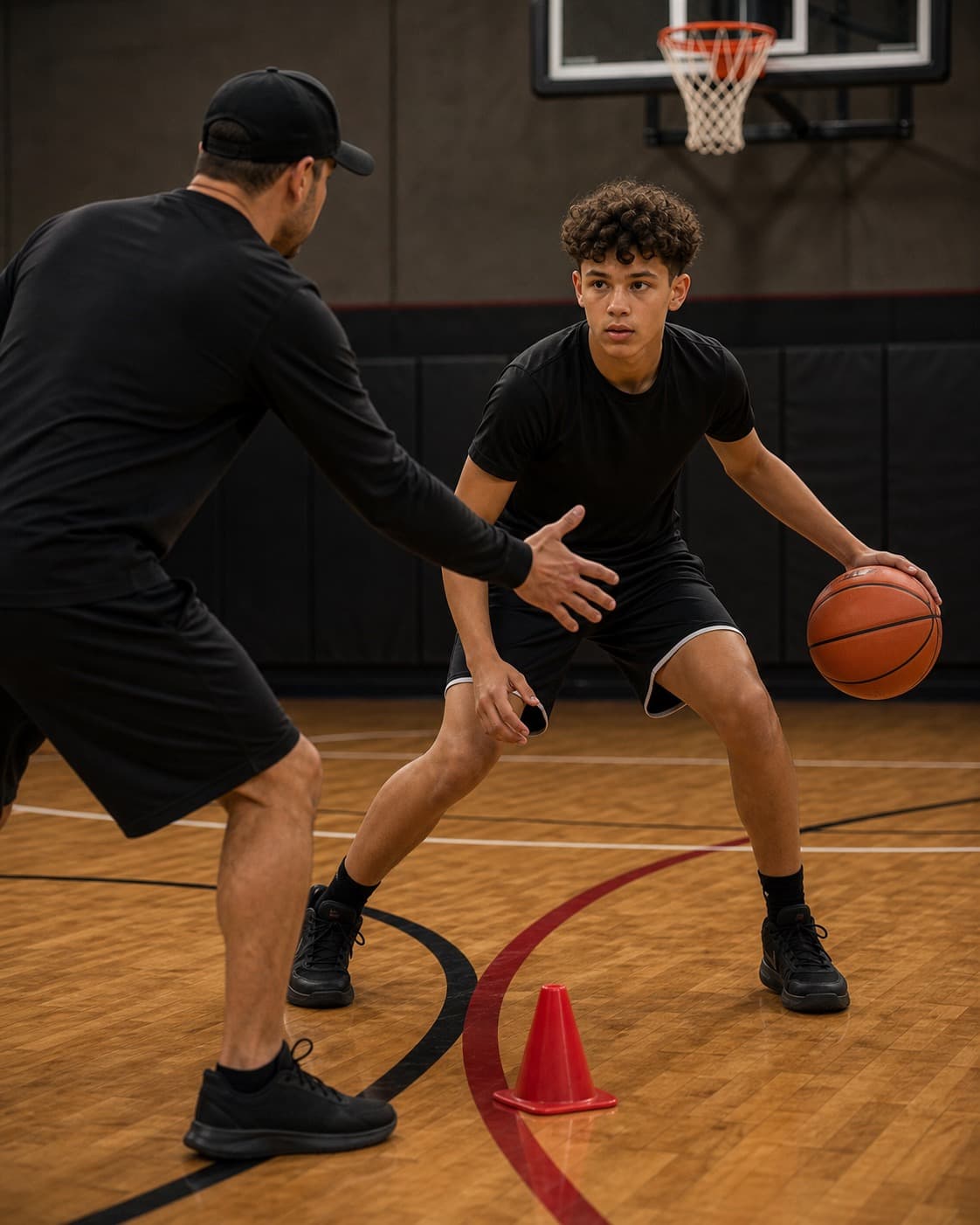 Coach working on footwork with a youth basketball player on court