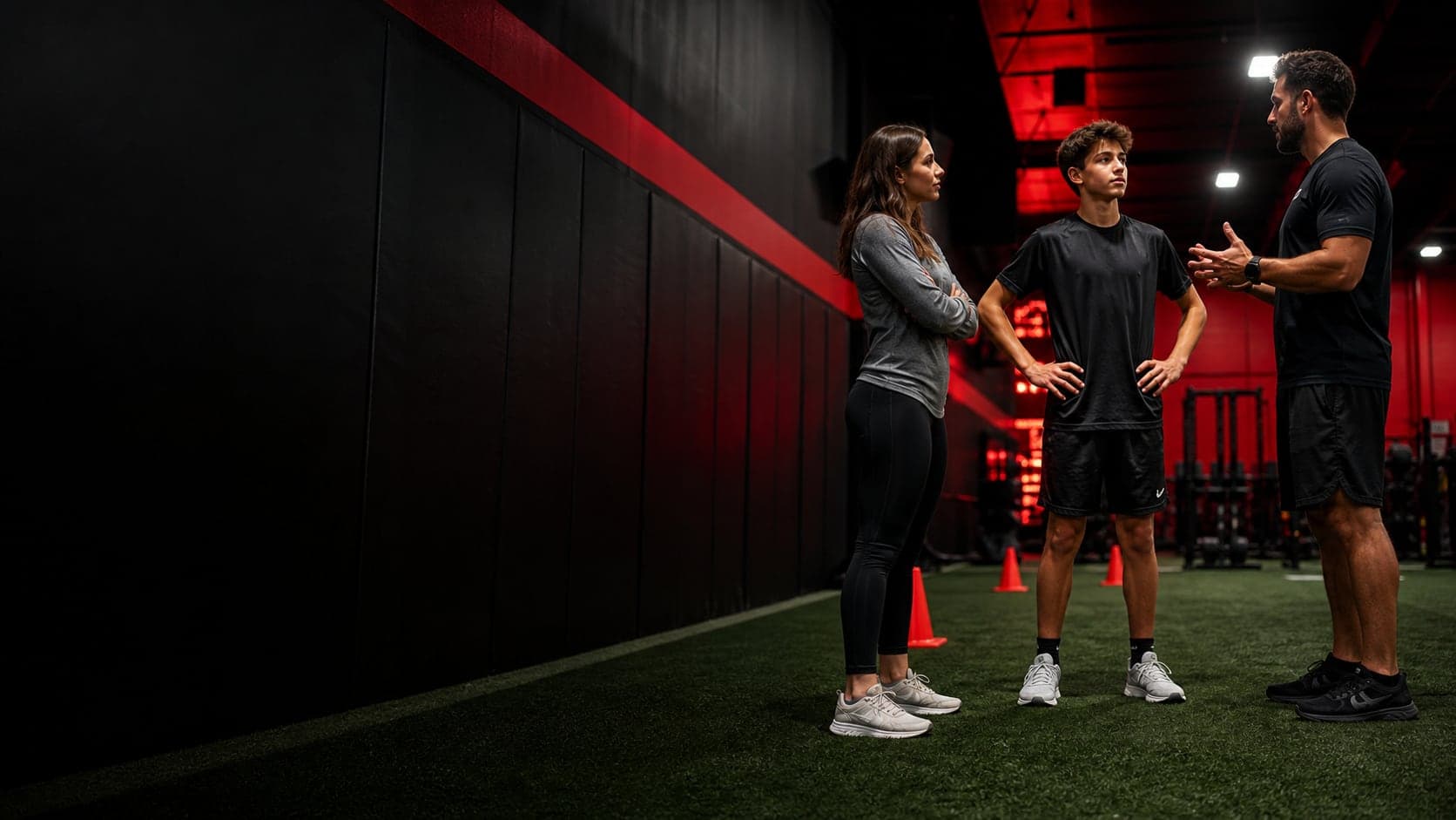Parent and teen athlete speaking with a coach in an indoor training facility.