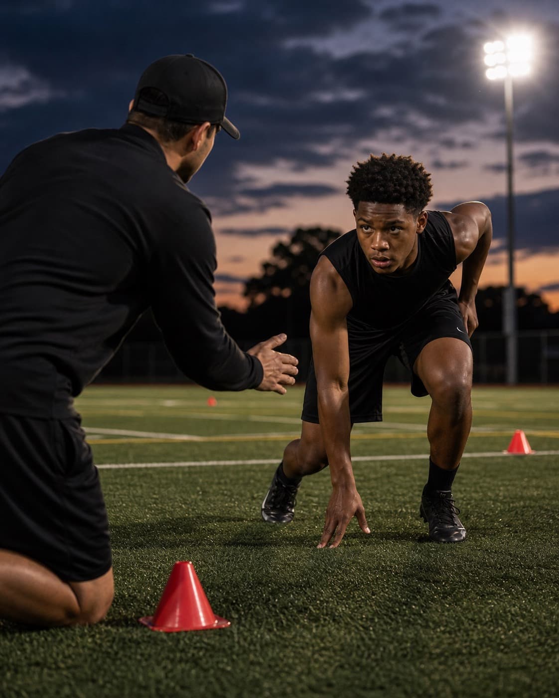 Coach teaching acceleration stance to a youth football athlete on turf