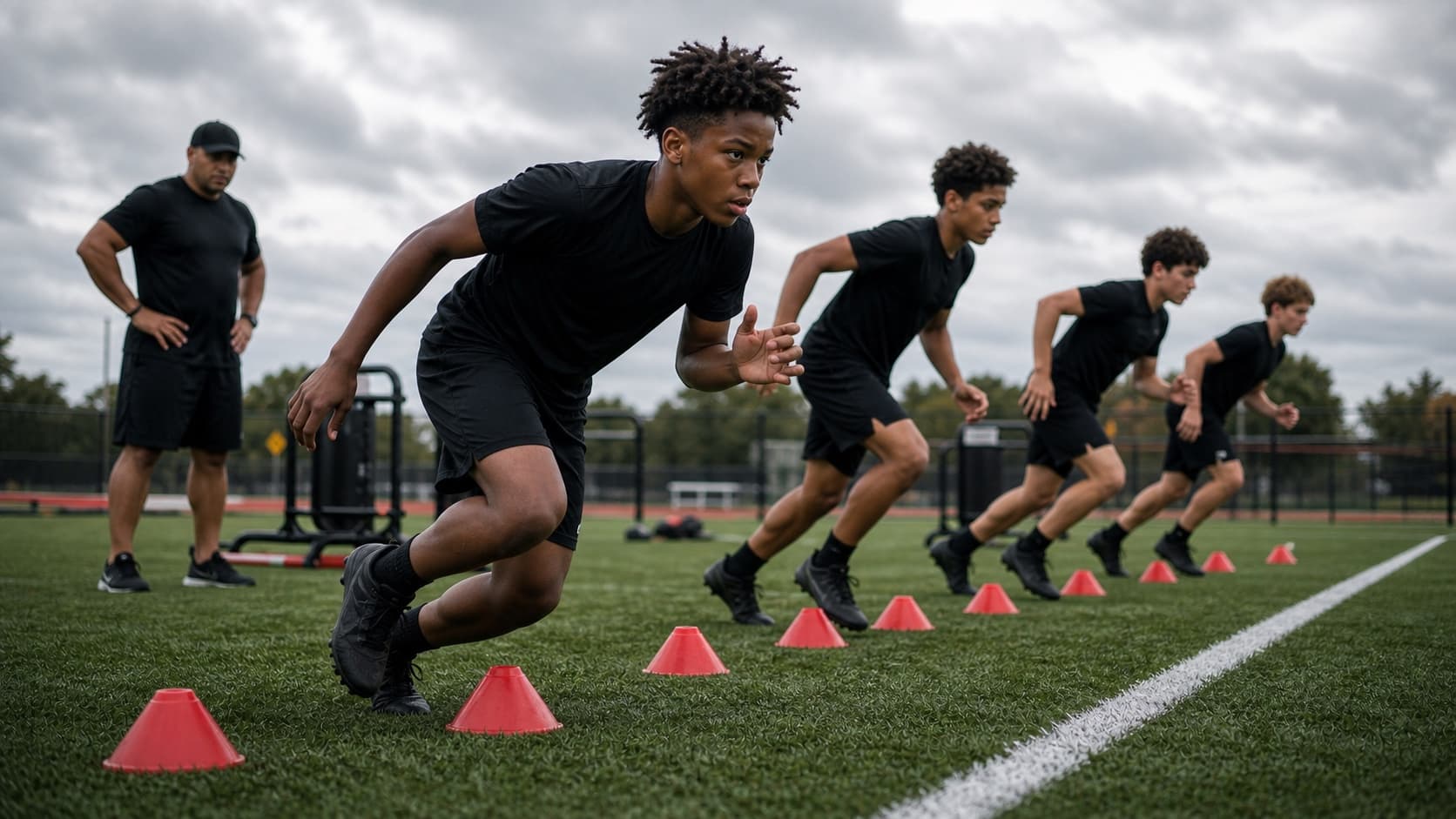 Youth athletes running field drills at an AIO Training event
