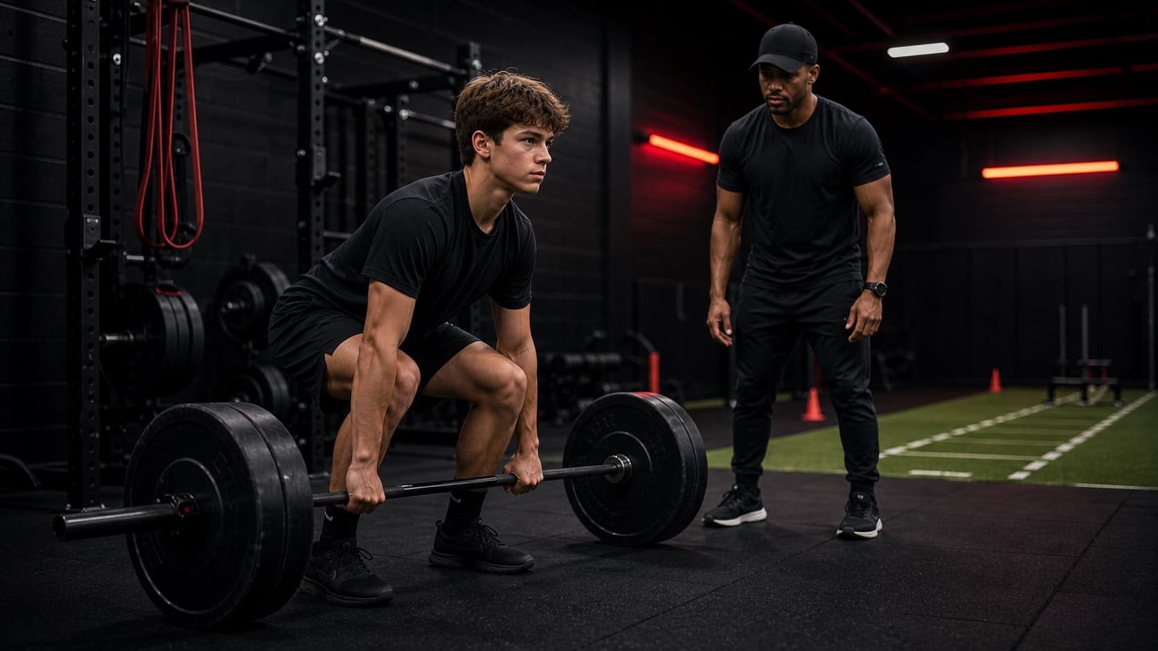 Teen athlete deadlifting with a trainer in a gym