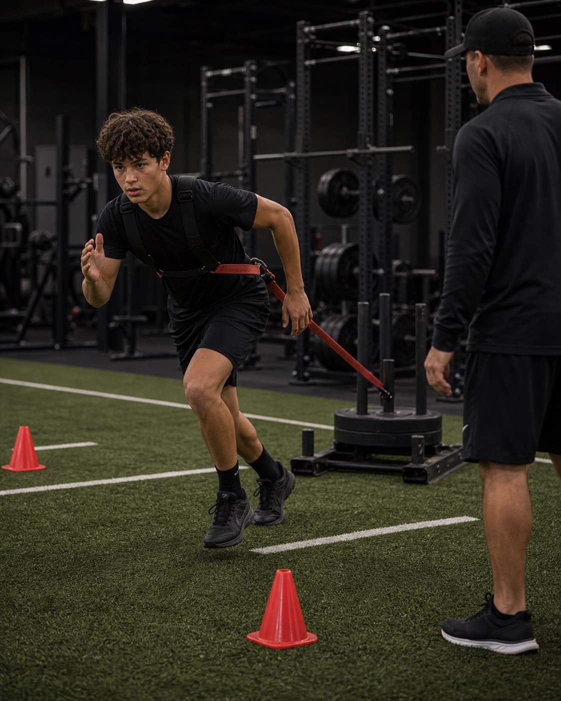 Teen athlete in a private strength and speed session with a trainer