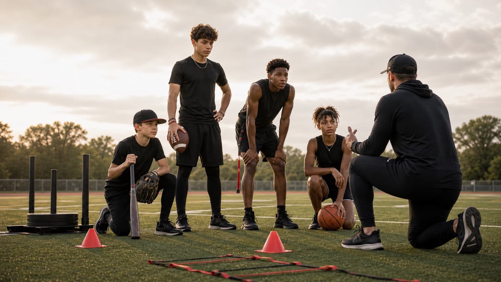 Coach speaking to youth and teen athletes on an outdoor field