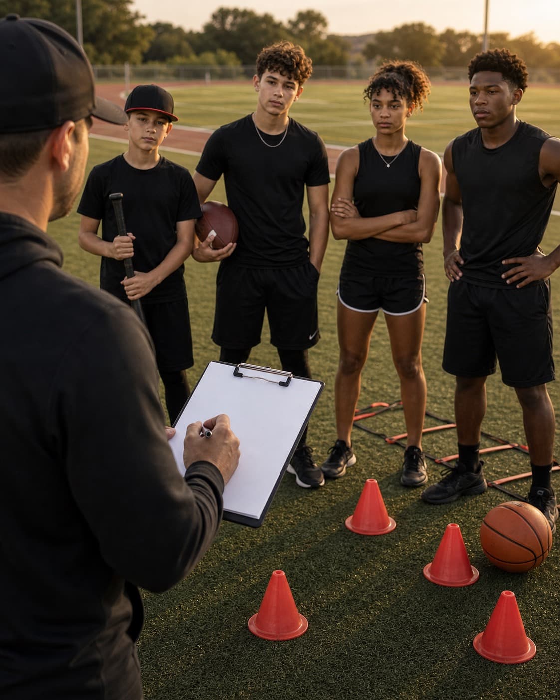 Coach reviewing a drill plan with youth athletes on an outdoor court edge