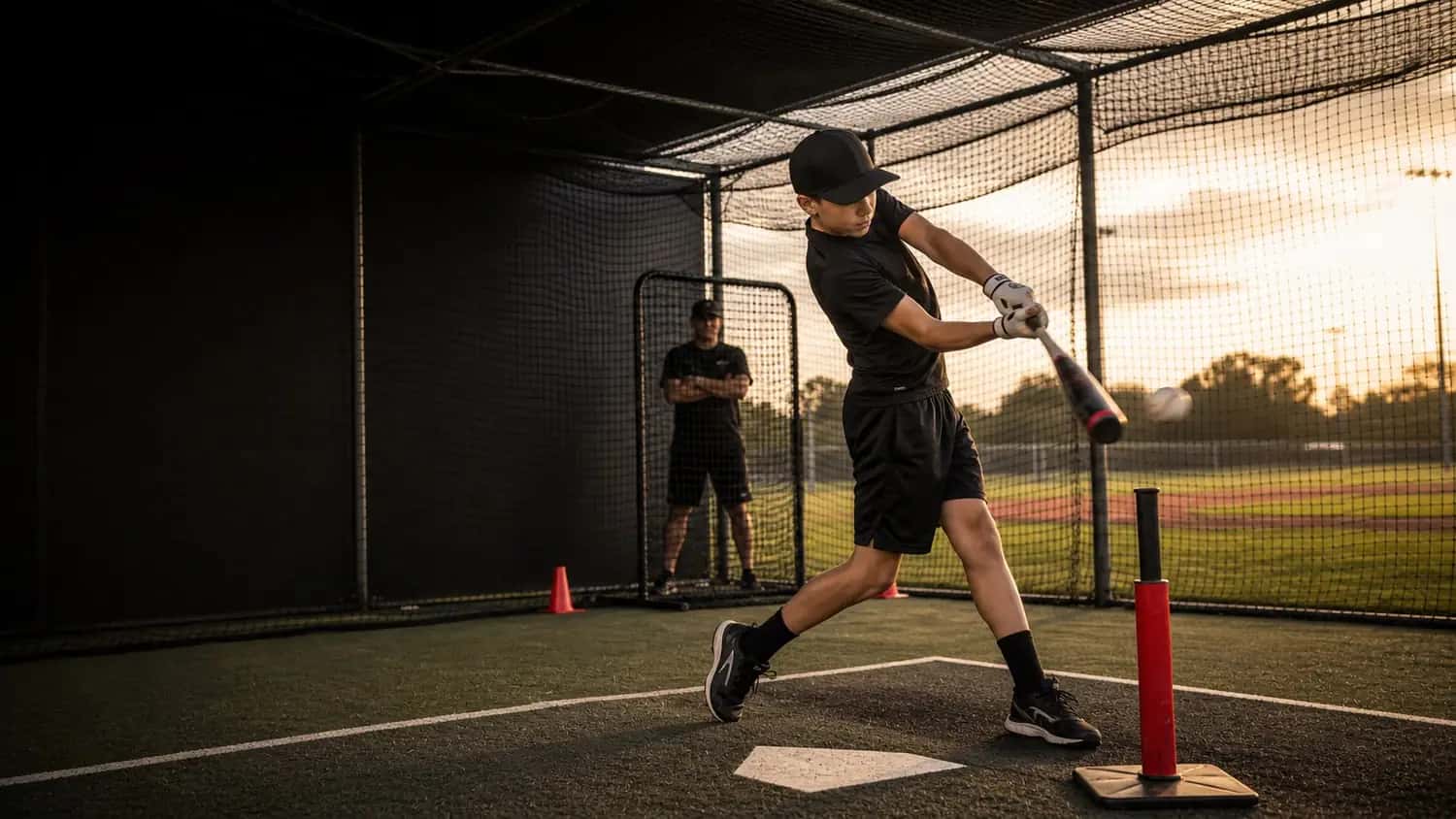 Youth baseball player swinging a bat in an outdoor batting cage
