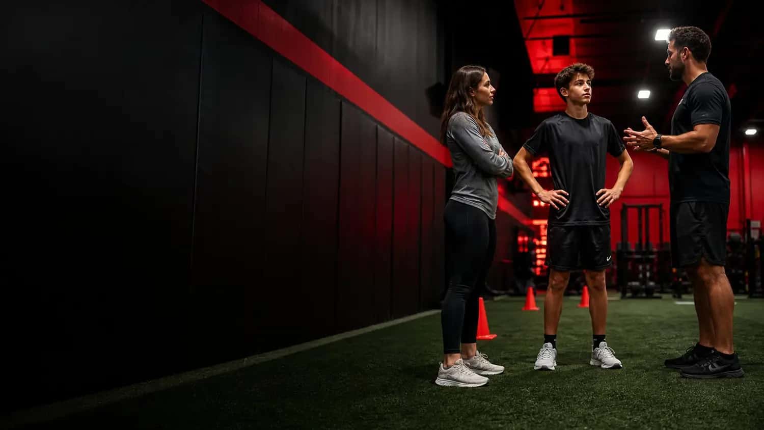 Coach consulting with an athlete and parent