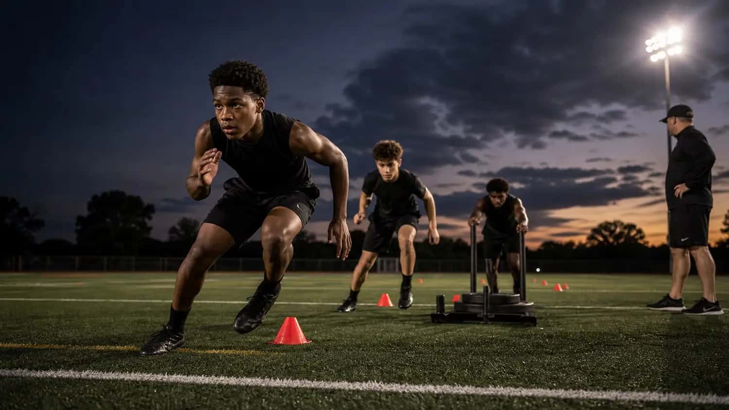 Youth football athlete sprinting on outdoor turf