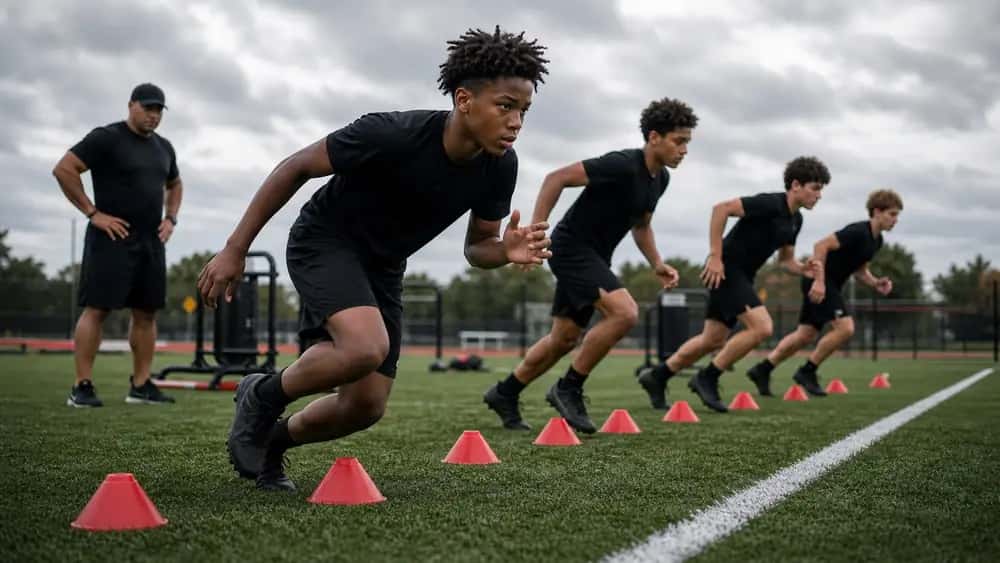 Youth athletes running field drills at an AIO Training event