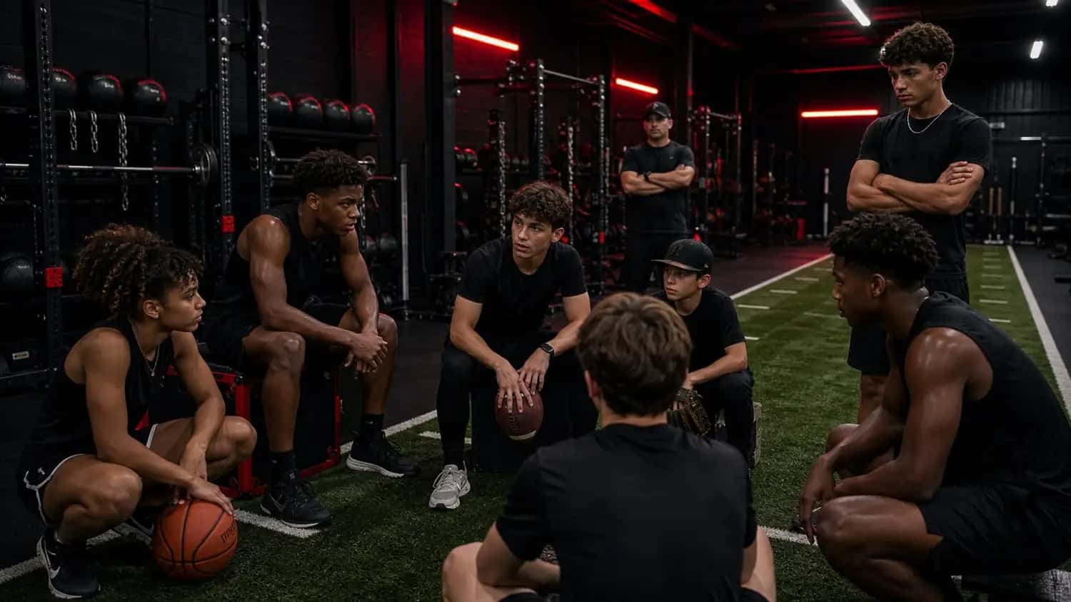 Youth and teen athletes gathered with a coach in a gym-style training setting.