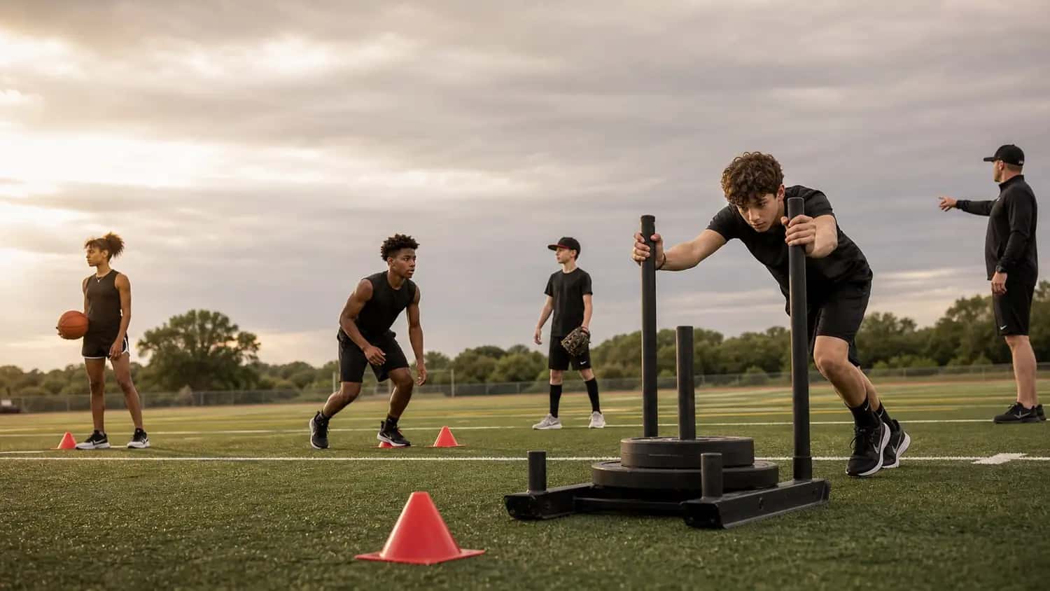 Youth and teen athletes training on an outdoor field